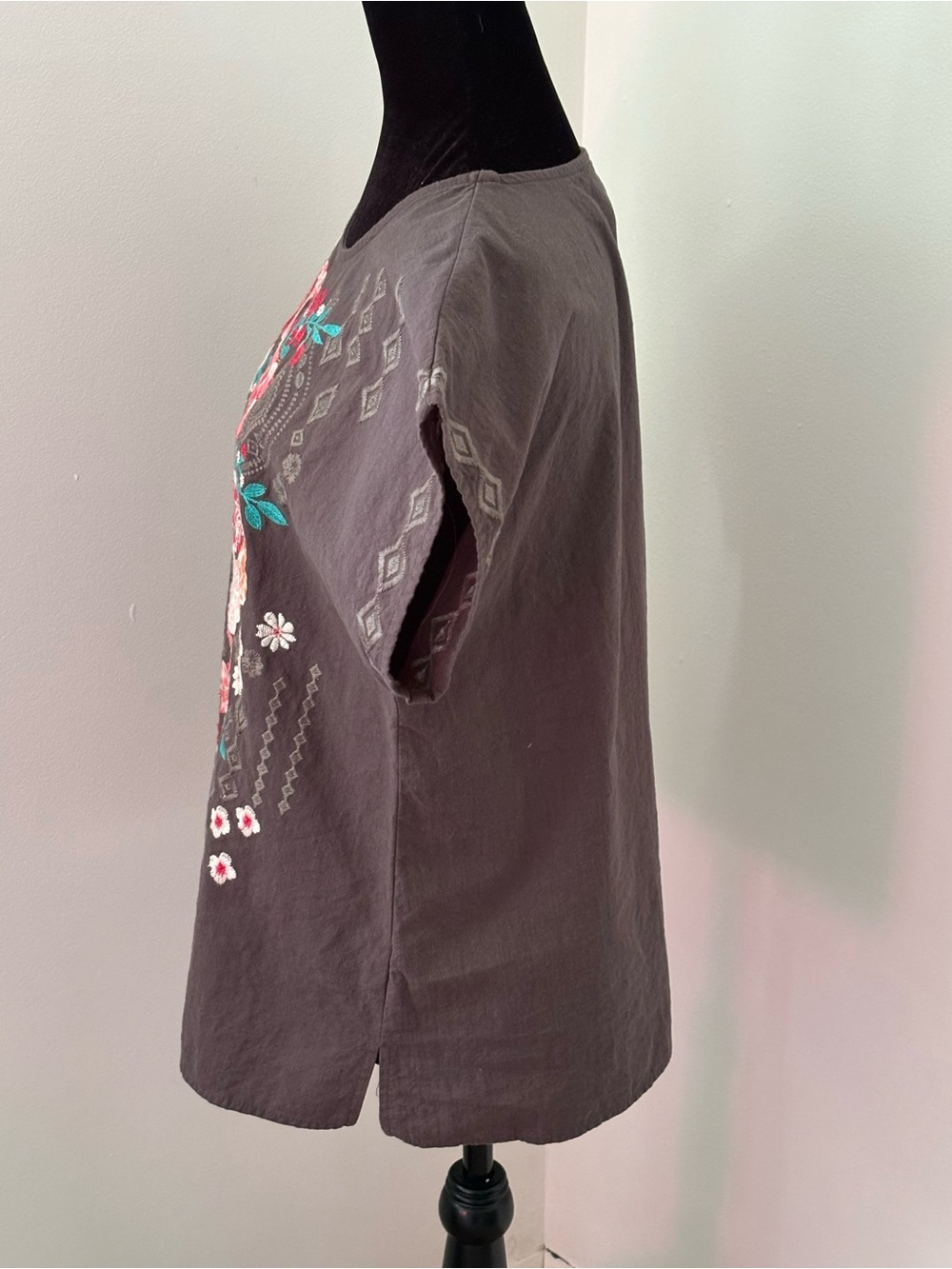 Savanna Jane Embroidered Floral Scoop Neck Top - Charcoal with Pink Roses - Picture 2 of 4
